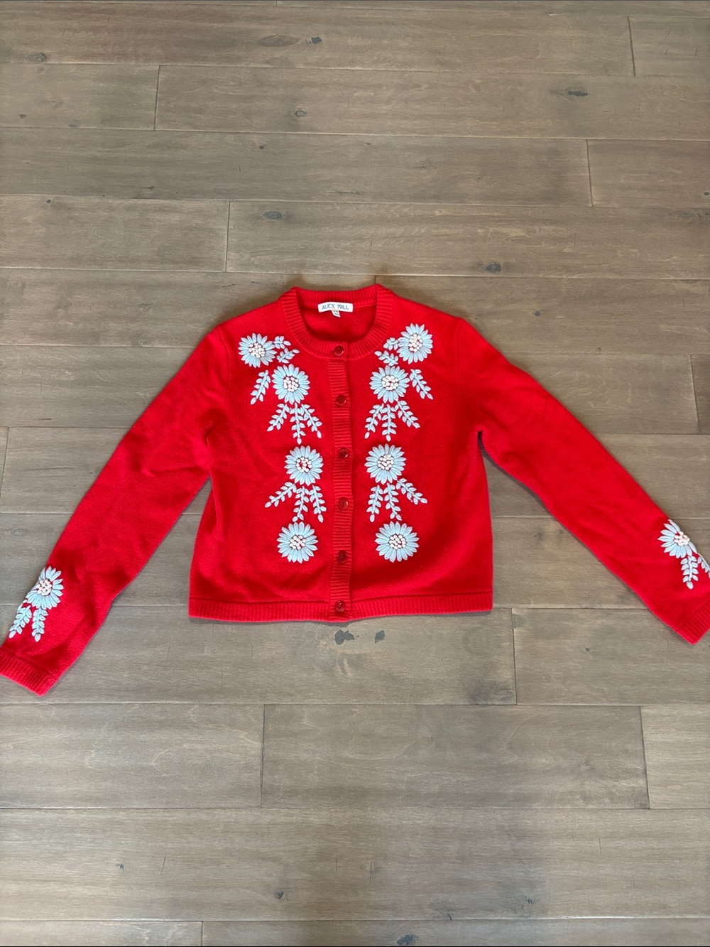 Alex Mill Red Cardigan with White Floral Embroidery